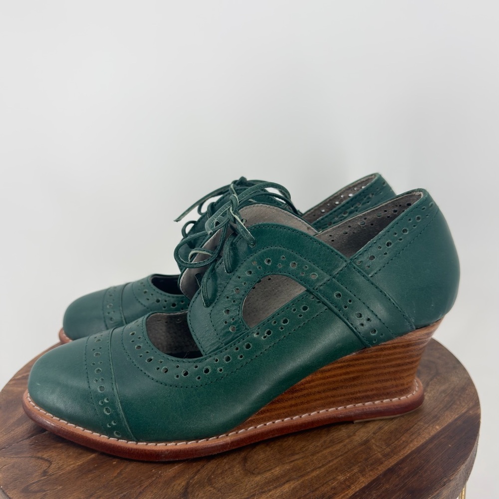 Elf Handmade‎ Green Leather Lace-Up Wedge Shoes Size 7 Boho Oxford